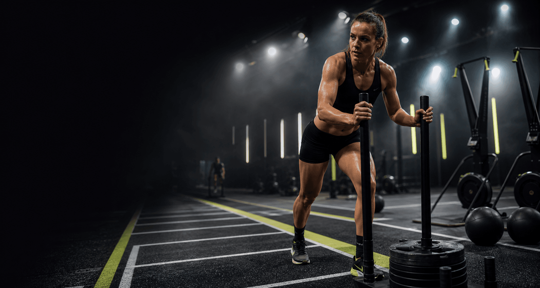 Athlete training in a dark functional fitness arena